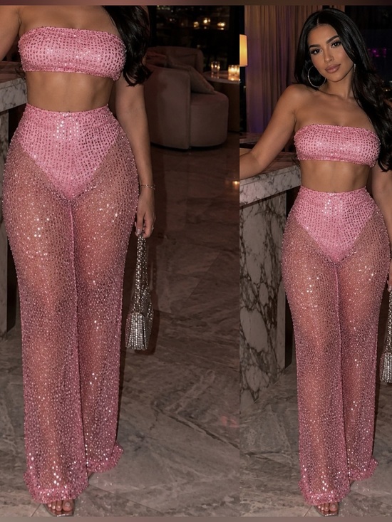 Pants - . Rose Pink Sheer Sequin Sleeveless Bandeau Crop Top & High Waist Palazzo Pants
